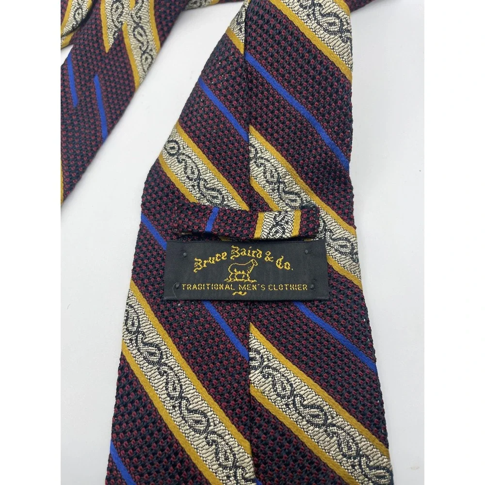 Echo Bruce Baird & Co Mens Silk Tie Burgundy Gold Blue Striped Scroll Italy